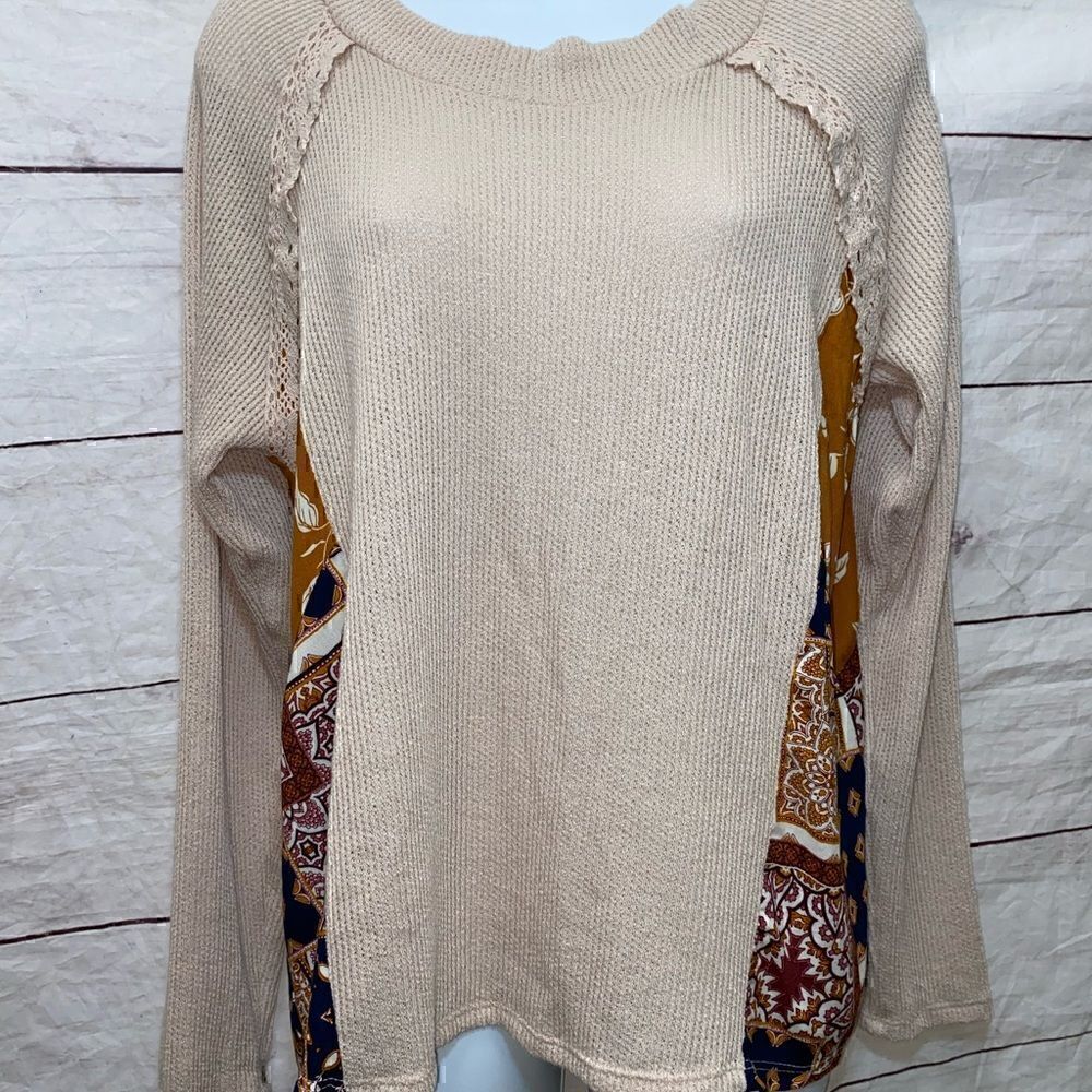 Francesca’s  Blue Rain Cienna Print Keyhole Tie Back Long Sleeve Sweater L - Picture 2 of 13